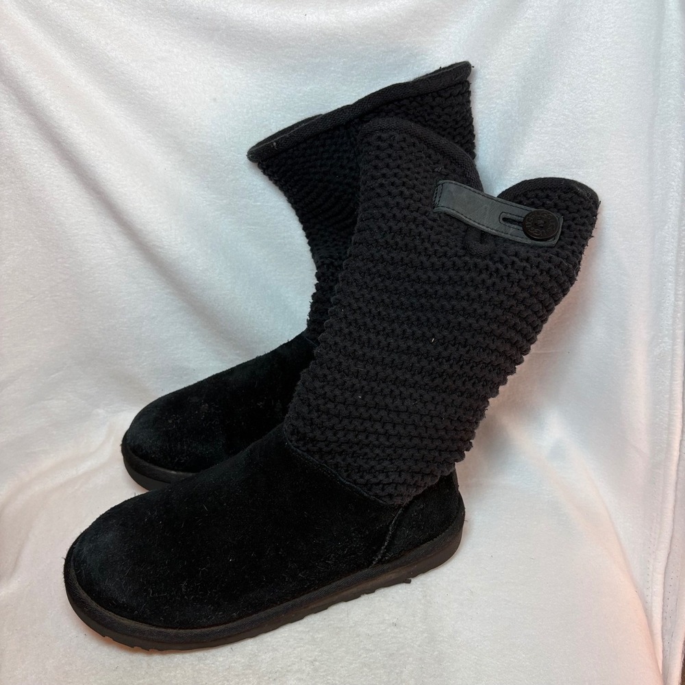UGG Lattice Cardy Black Knit Suede Tall Boots 1012534 Womens 7